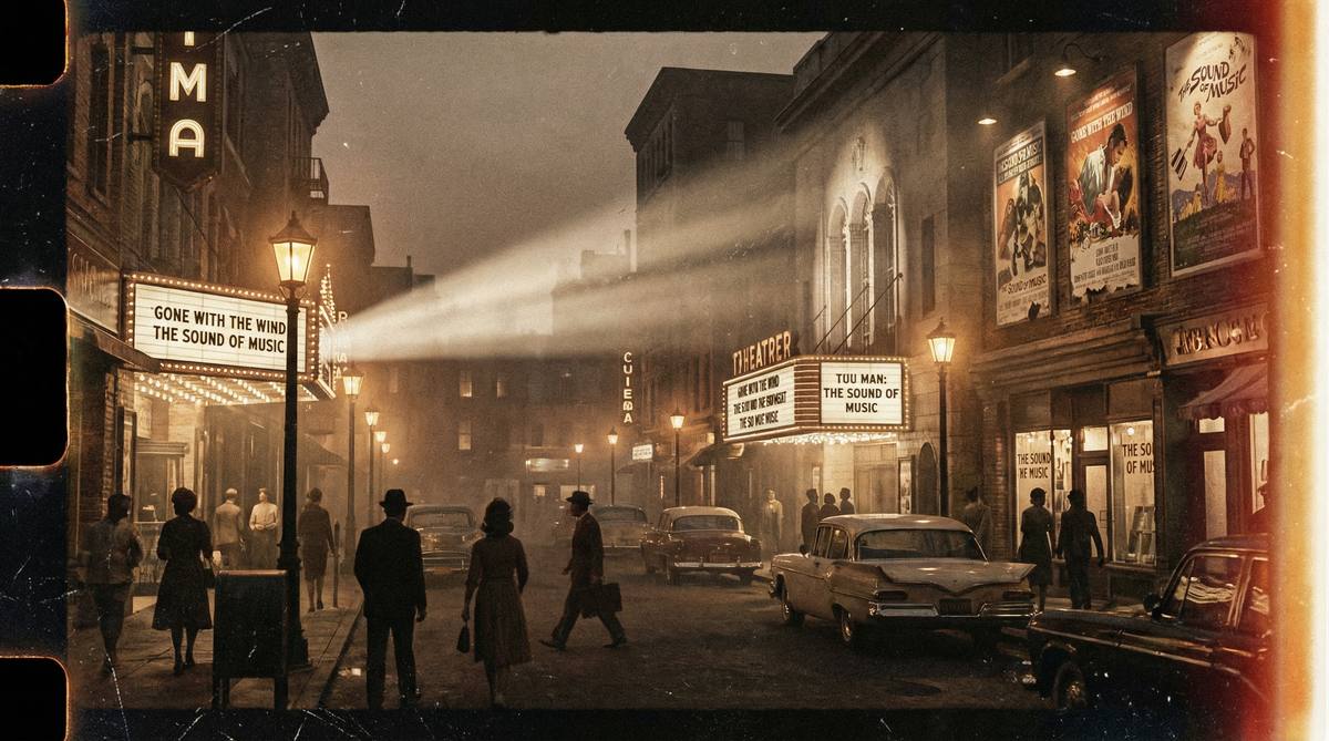 蘑菇视频影像作品-复古电影院街道夜景